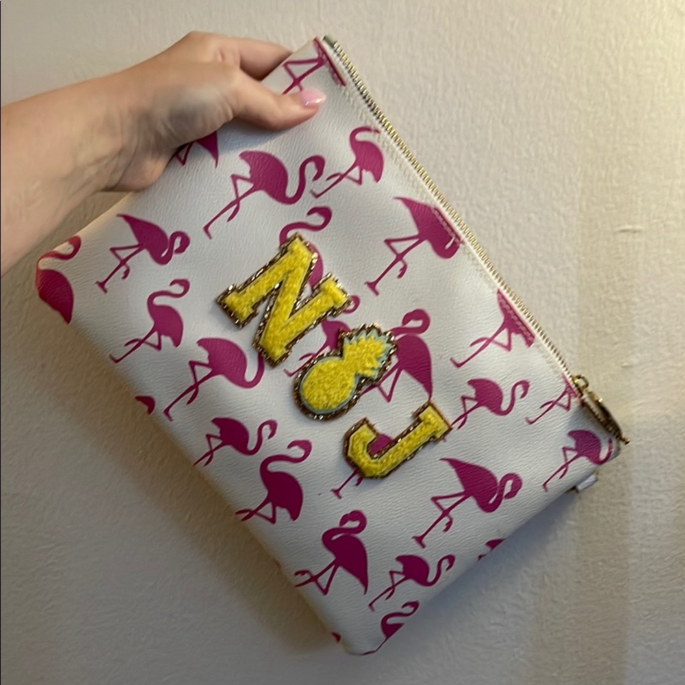 Stoney Clover Lane Flamingo Print Clutch - White and Pink